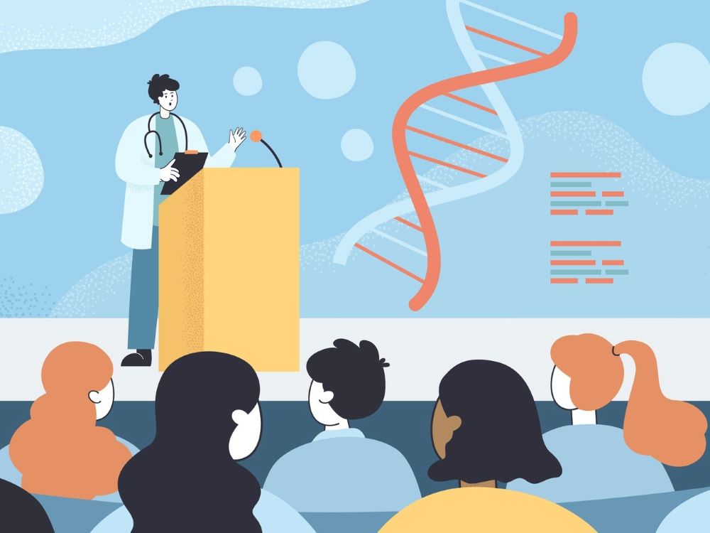 Illustration of researcher speaking to a crowd